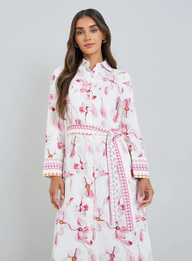Styli Women Pink Floral Print Collared A-Line Maxi Dress